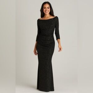 VTG Candalite Formal Maxi Dress Black W/Gold‎ Glitter Y2K Sheer Cocktail Glam PS